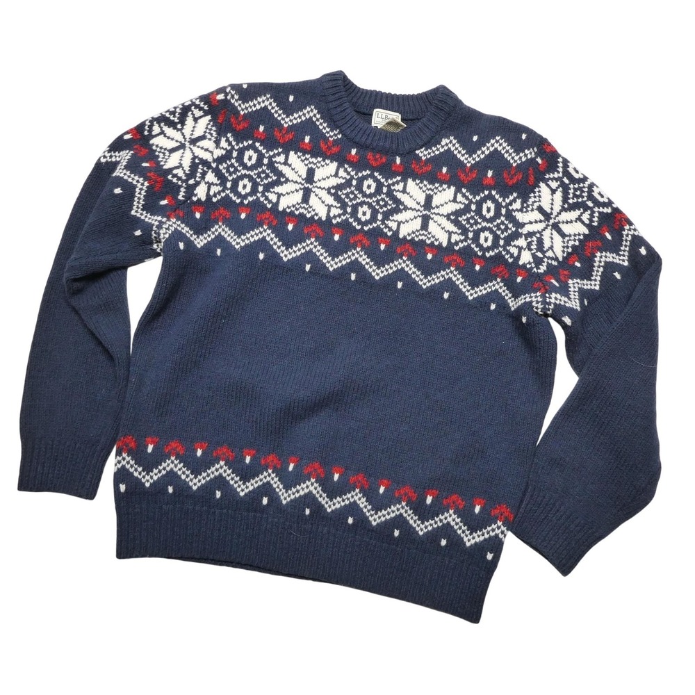 L.L. Bean Sweater Mens L Blue Lambswool Fair Isle Crewneck Knit Ski Pullover